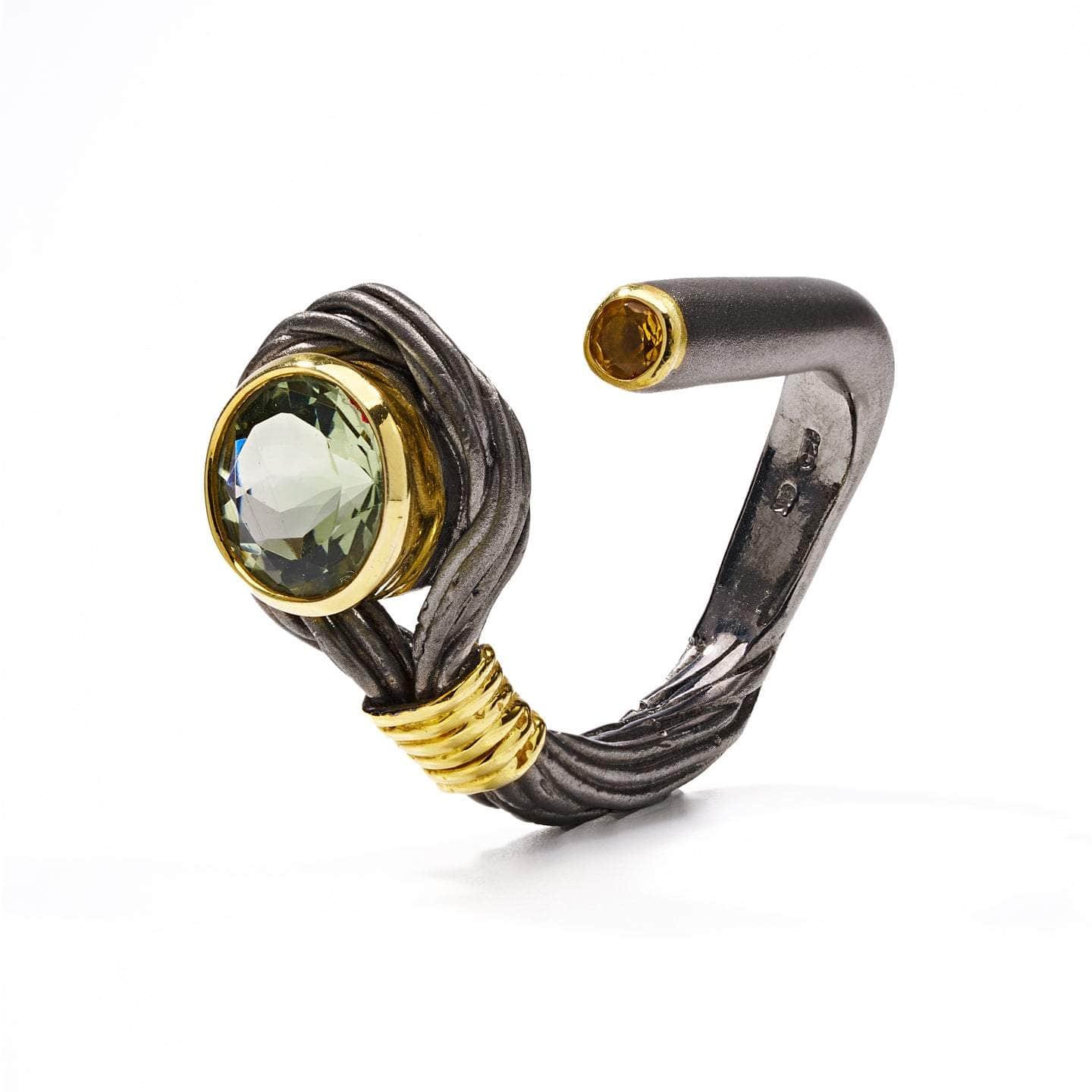 cartalia open band black rhodium & gold plated 925 silver ring with green amethyst & citrine cartalia open band black rhodium & gold plated 925 silver ring with green amethyst & citrine