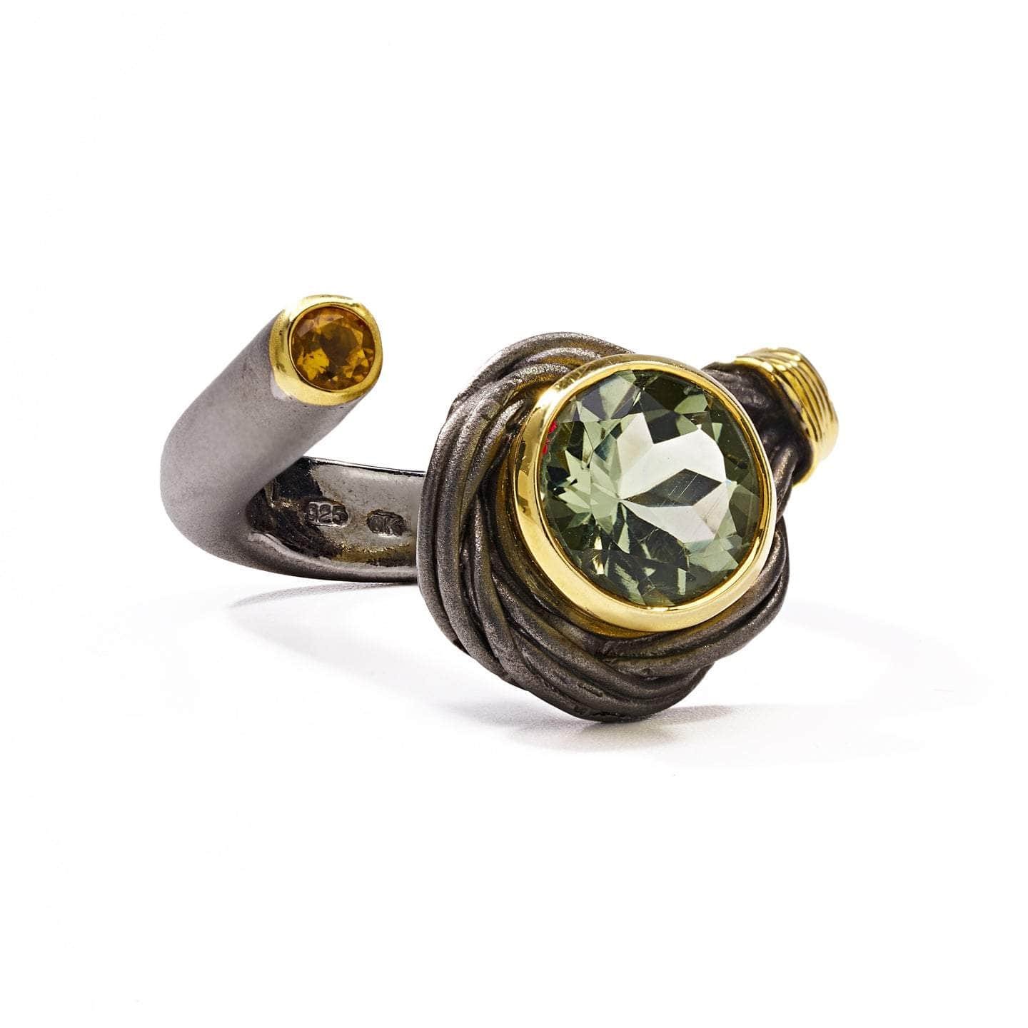 cartalia open band black rhodium & gold plated 925 silver ring with green amethyst & citrine cartalia open band black rhodium & gold plated 925 silver ring with green amethyst & citrine