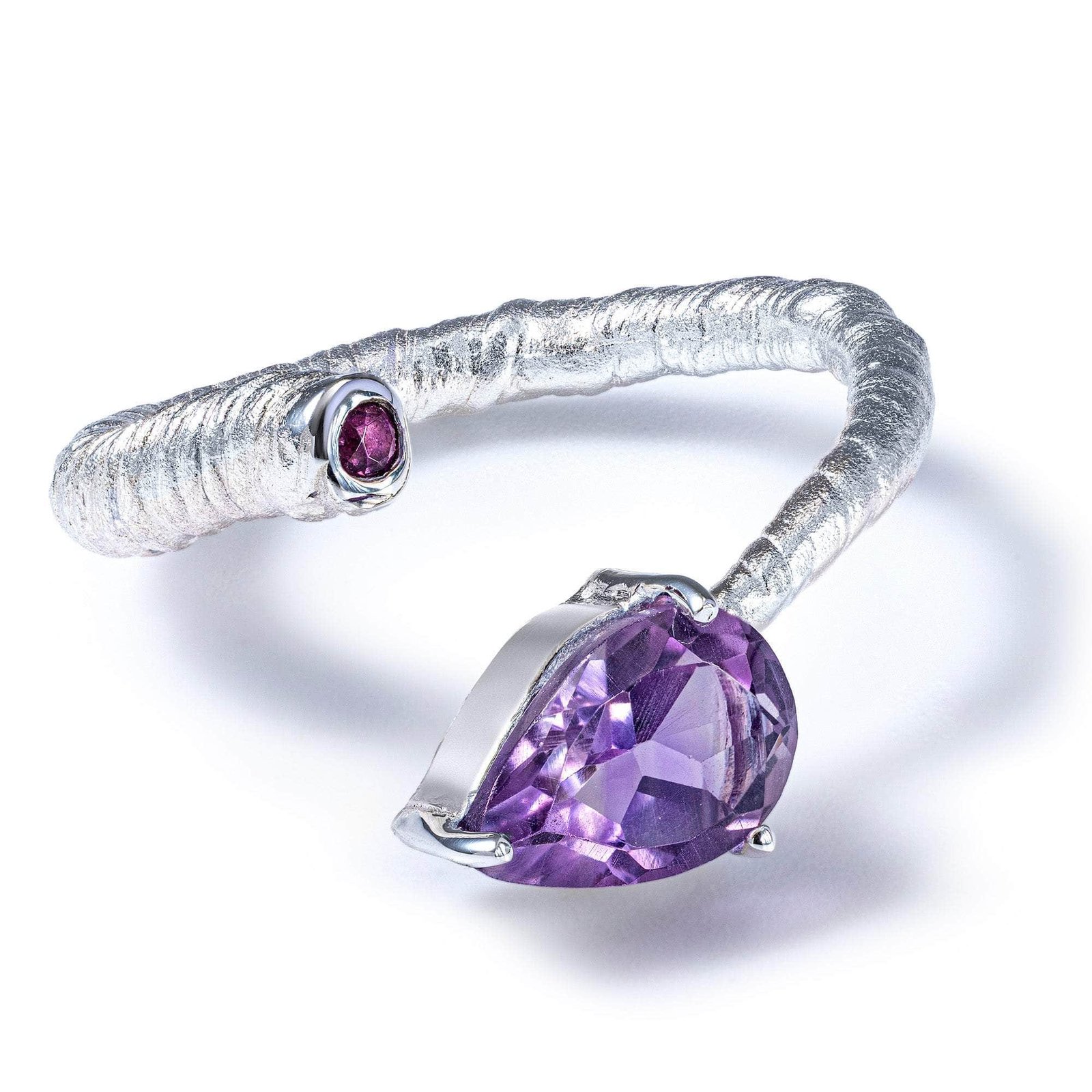korra open band ring in silver with pear and round cut amethyst and anti tarnish coating korra open band ring in silver with pear and round cut amethyst and anti tarnish coating