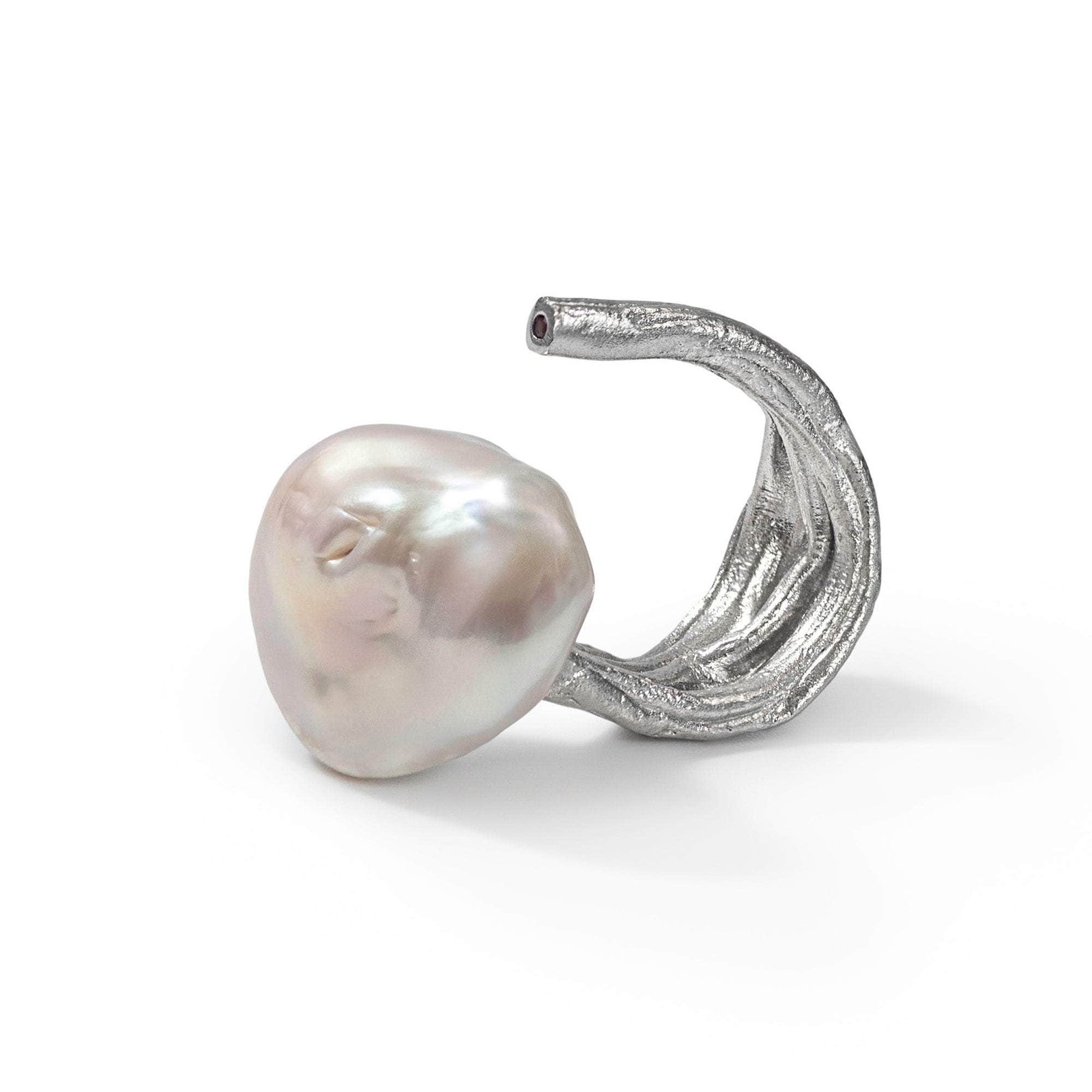 laurel handmade open band silver ring with baroque pearl & rhodolite laurel handmade open band silver ring with baroque pearl & rhodolite