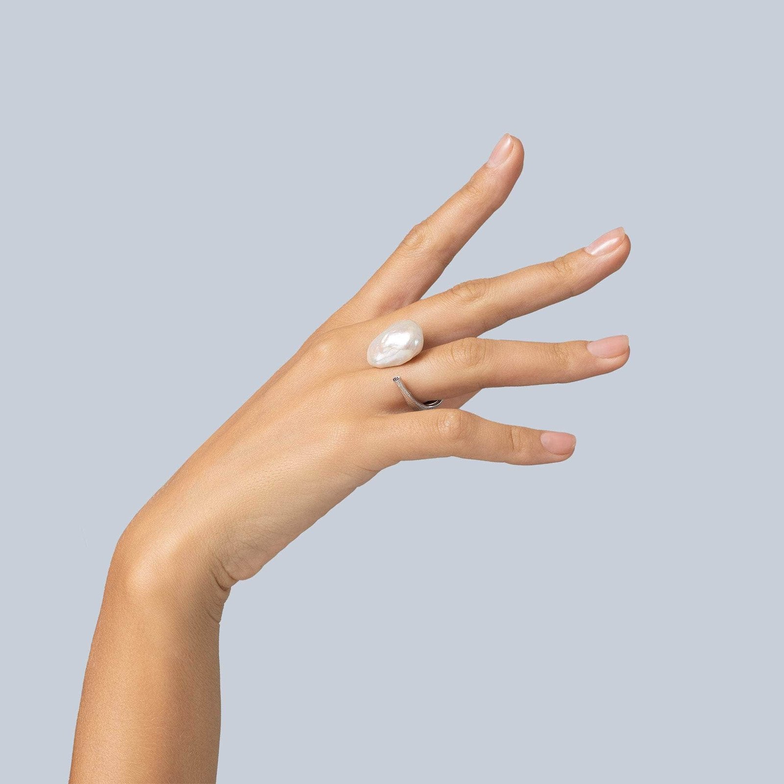 laurel handmade open band silver ring with baroque pearl & rhodolite laurel handmade open band silver ring with baroque pearl & rhodolite