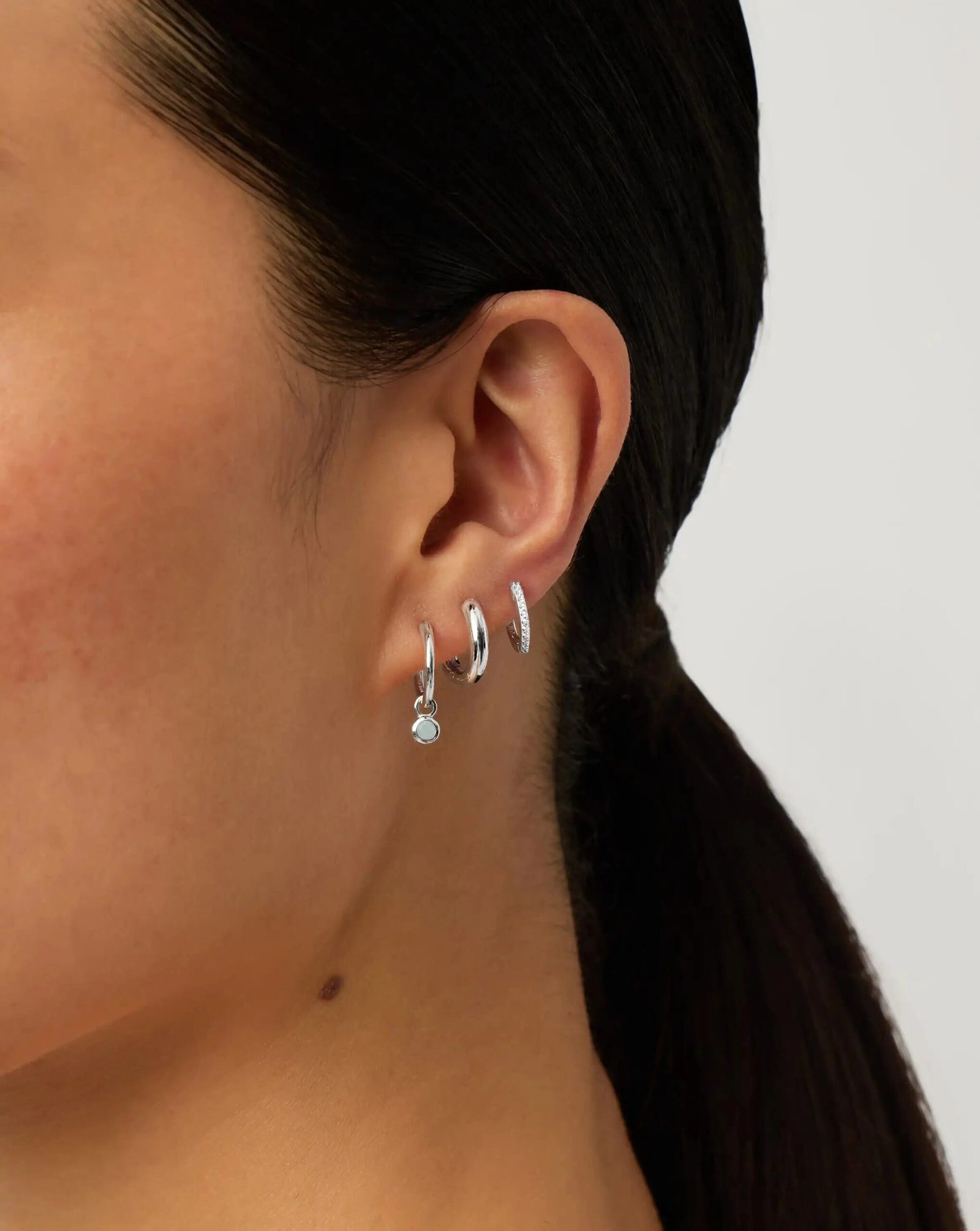 march birthstone mini charm hoop earrings | sterling silver/milky aquamarine march birthstone mini charm hoop earrings | sterling silver/milky aquamarine