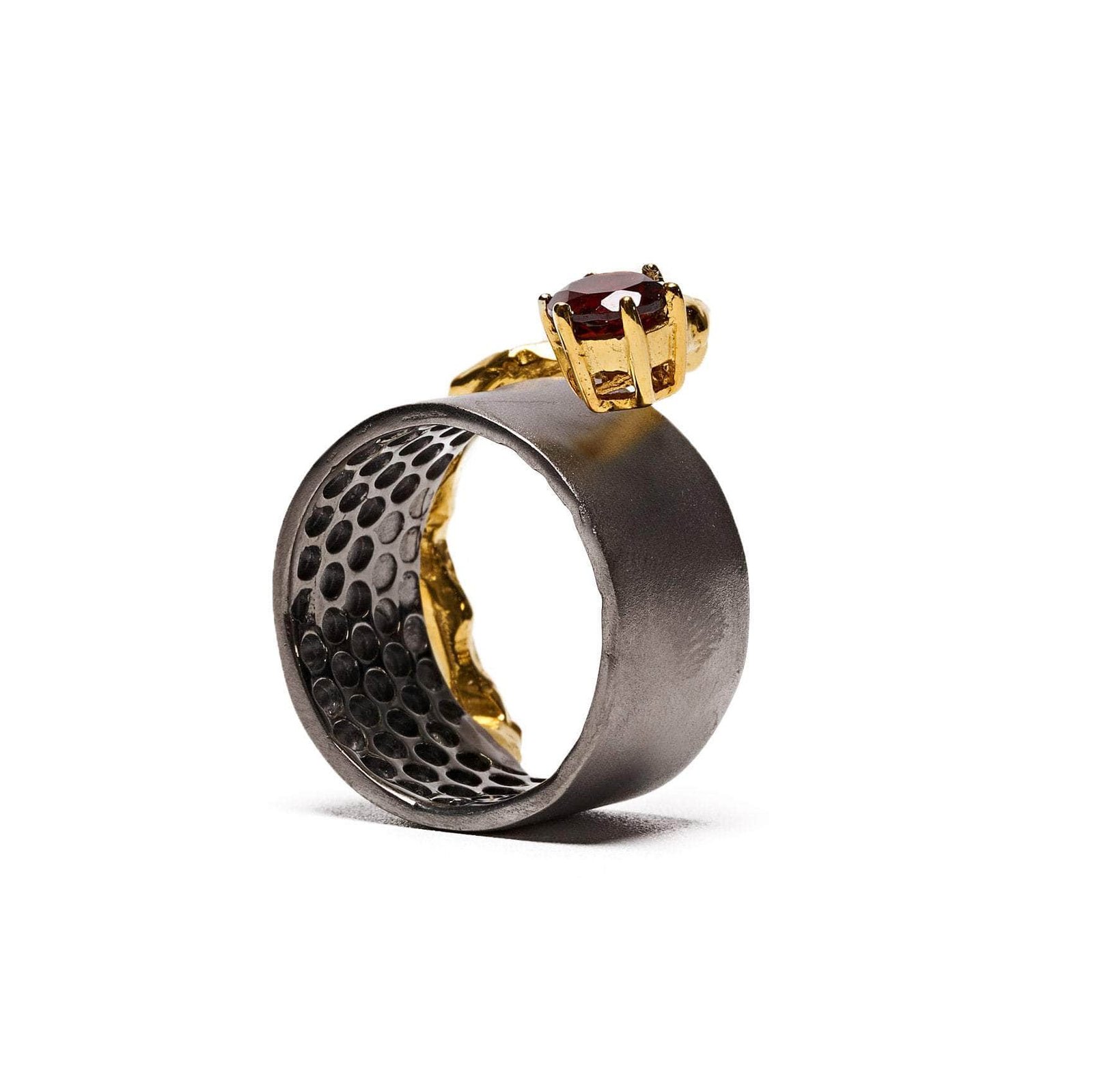 rowena iconic design natural garnet ring in black rhodium and 18k gold plated silver rowena iconic design natural garnet ring in black rhodium and 18k gold plated silver