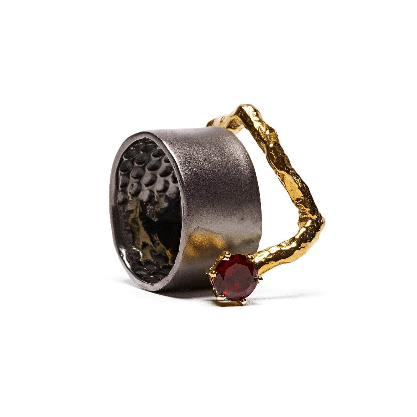 rowena iconic design natural garnet ring in black rhodium and 18k gold plated silver rowena iconic design natural garnet ring in black rhodium and 18k gold plated silver